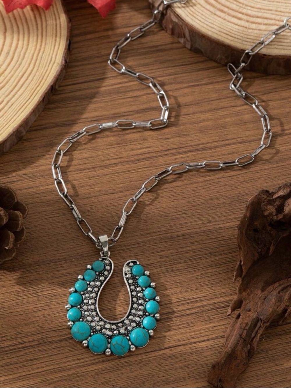 Western Necklace Turquoise Stone Horseshoe Pendant Necklace - Women Jewelry